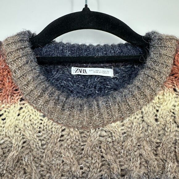 Zara Womens Cable Knit Sweater Size L Multicolor Stripes Soft Cozy Fisherman - Picture 7 of 9